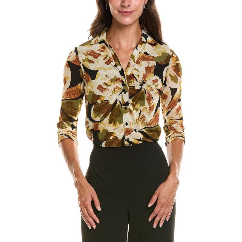 Anne Klein Womens  Petite Shirred Bust Button-Down Shirt, Black